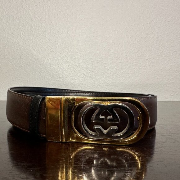 Vintage Gucci Reversible Leather Belt with Gold GG Buckle – - Picture 1 of 12